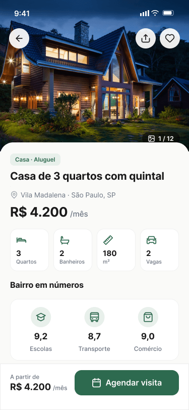 Tela de anúncio de imóvel em um app feito pela Leven